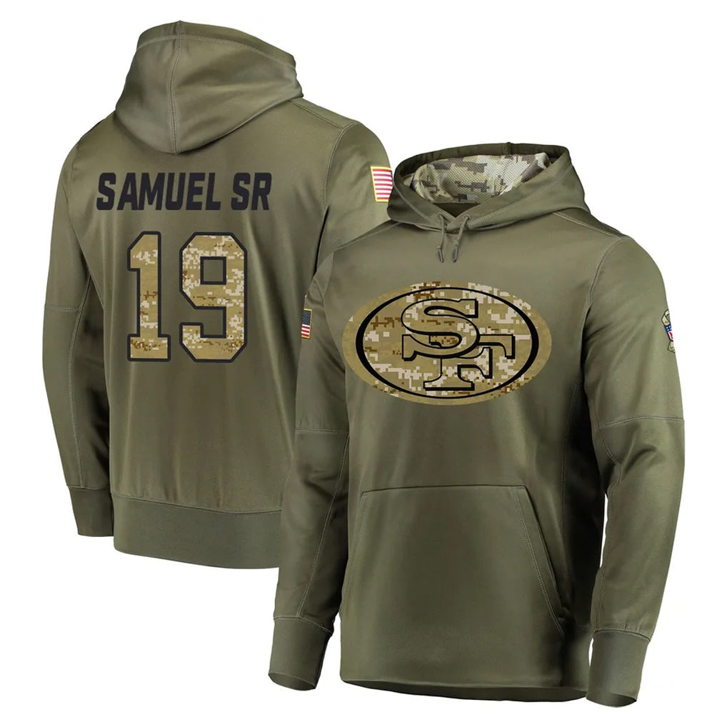 SF.49ers #19 Deebo Samuel Sr. Player Olive Salute to Service Pullover Hoodie Home Game STECN Stitched Jerseys