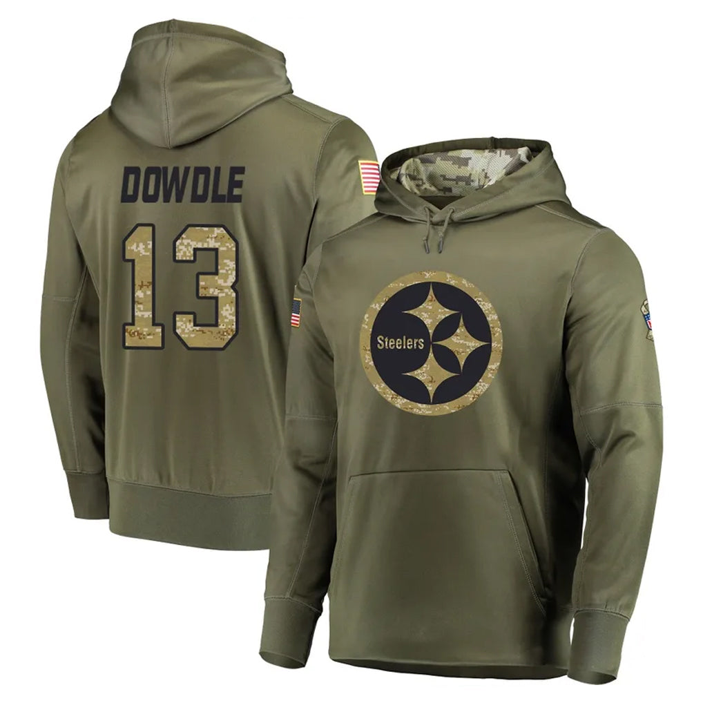 P.Steelers #13 Rico Dowdle Player Olive Salute to Service Pullover Hoodie Home Game STECN Stitched Jerseys