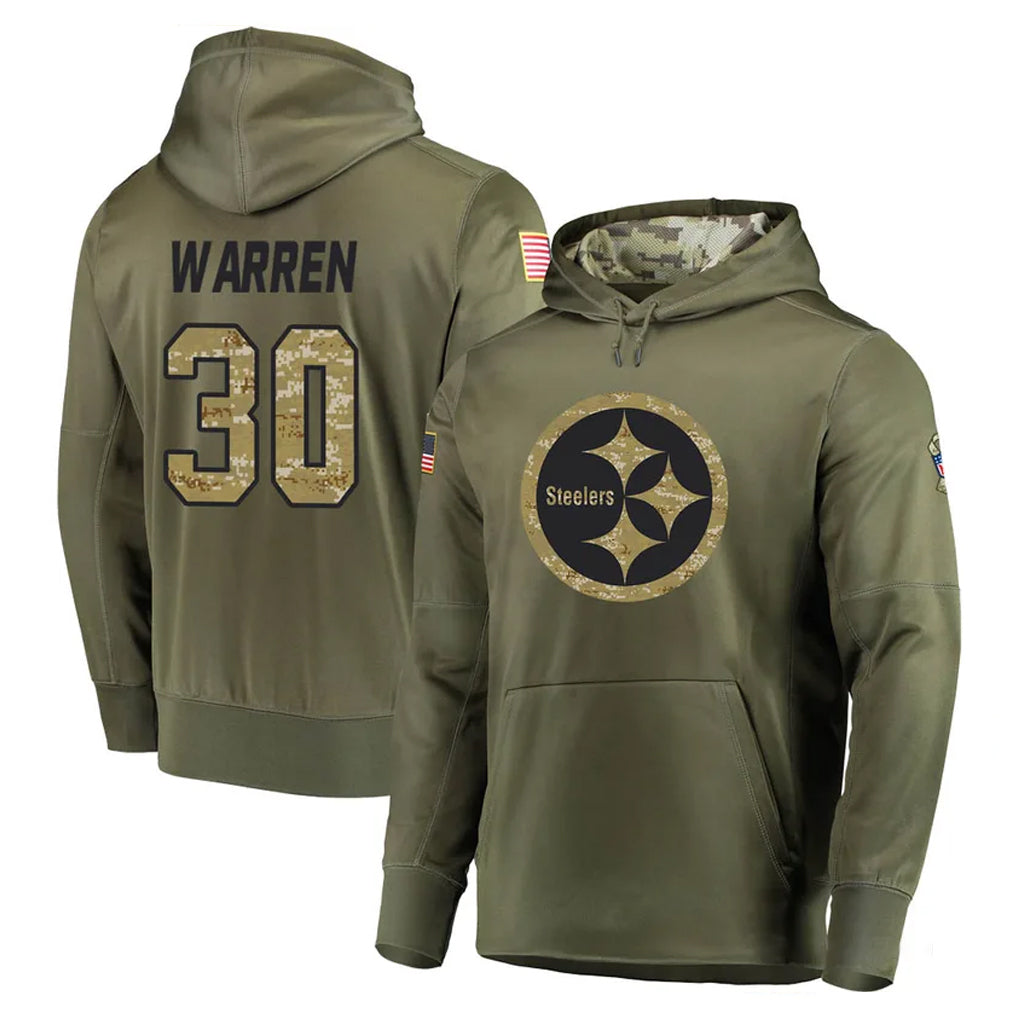 P.Steelers #30 Jaylen Warren Player Olive Salute to Service Pullover Hoodie Home Game STECN Stitched Jerseys