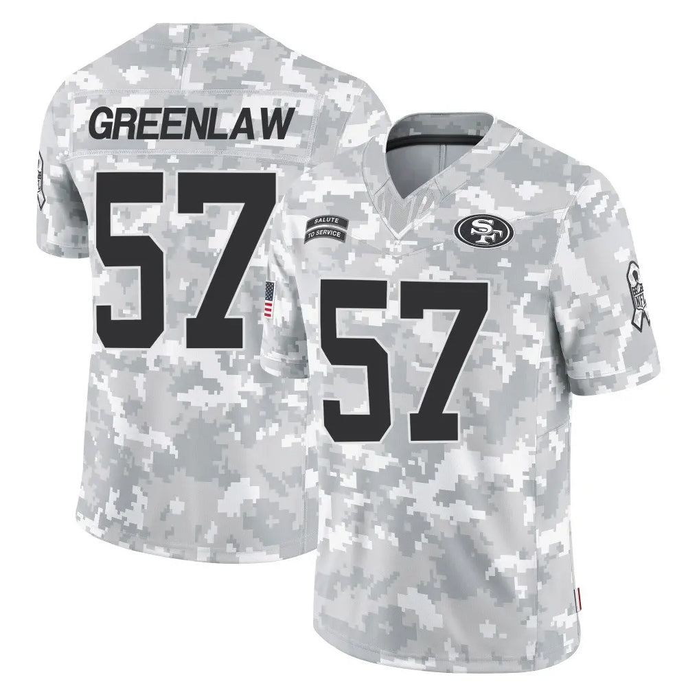 SF.49ers #57 Dre Greenlaw Player Arctic Camo Limited Salute To Service Home Game STECN Stitched Jerseys