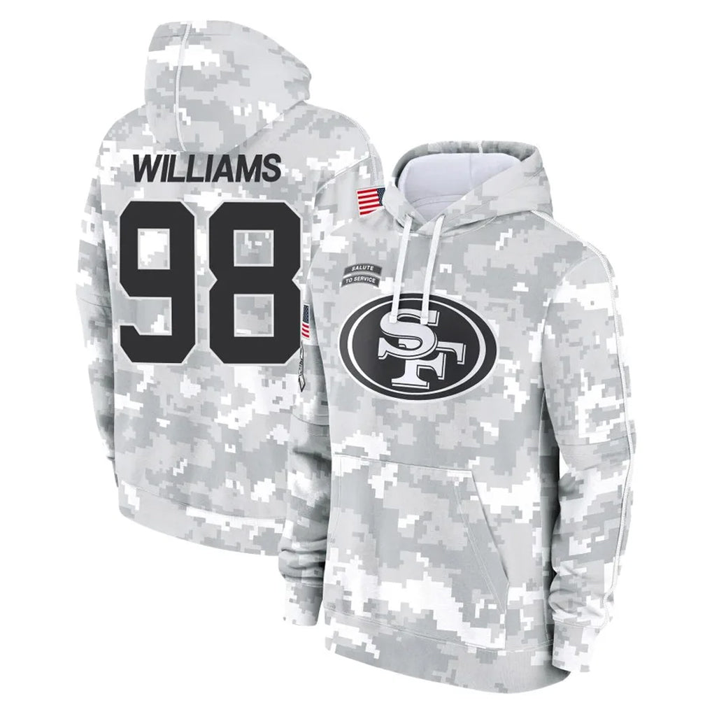 SF.49ers #98 Mykel Williams Player Arctic Camo Limited Salute to Service Pullover Hoodies Game STECN Stitched Jerseys