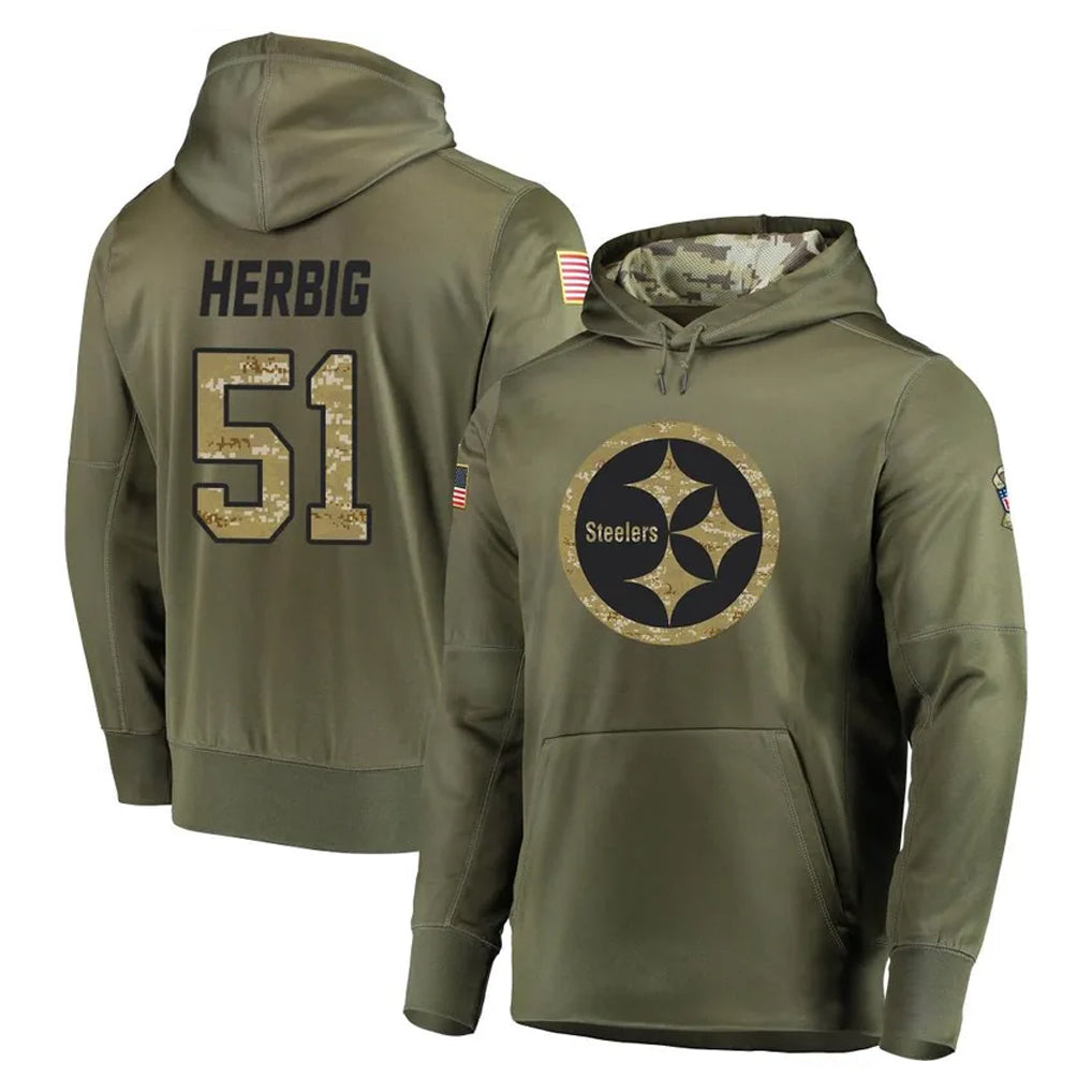 P.Steelers #51 Nick Herbig Player Olive Salute to Service Pullover Hoodie Home Game STECN Stitched Jerseys