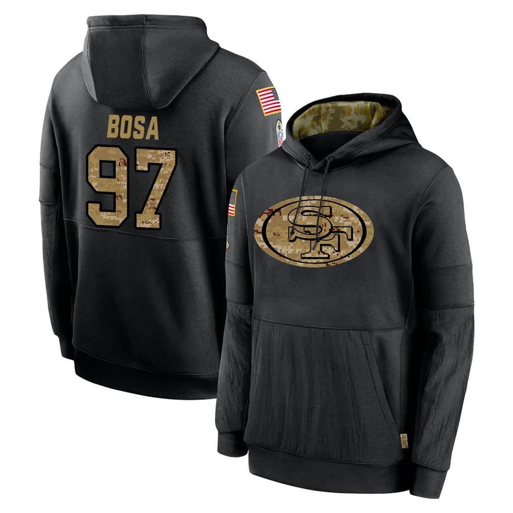 SF.49ers #97 Nick Bosa Player Black Salute to Service Sideline Performance Pullover Hoodies Home Game STECN Stitched Jerseys