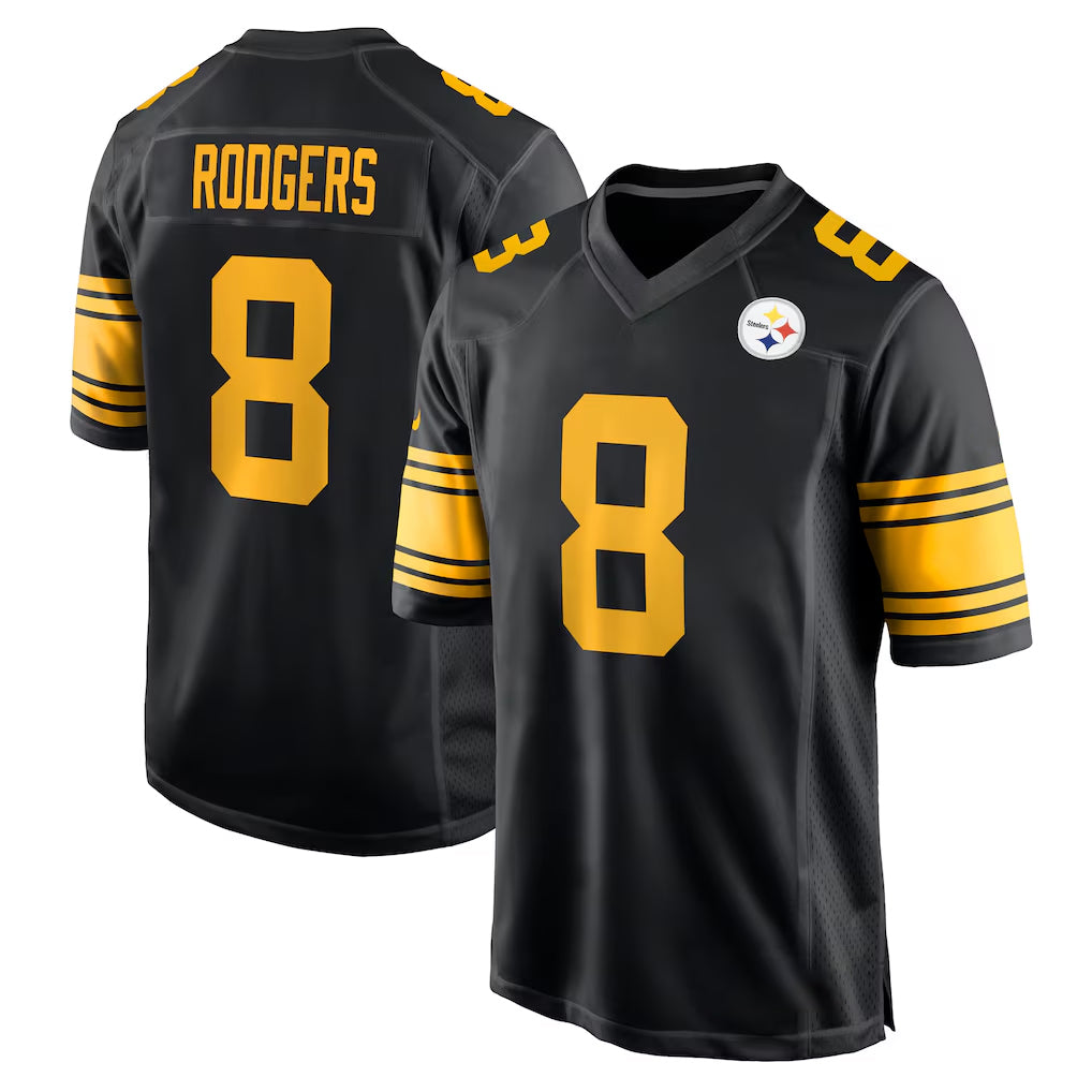P.Steelers #8 Aaron Rodgers Player Black Color Rush Home Game STECN Stitched Jerseys
