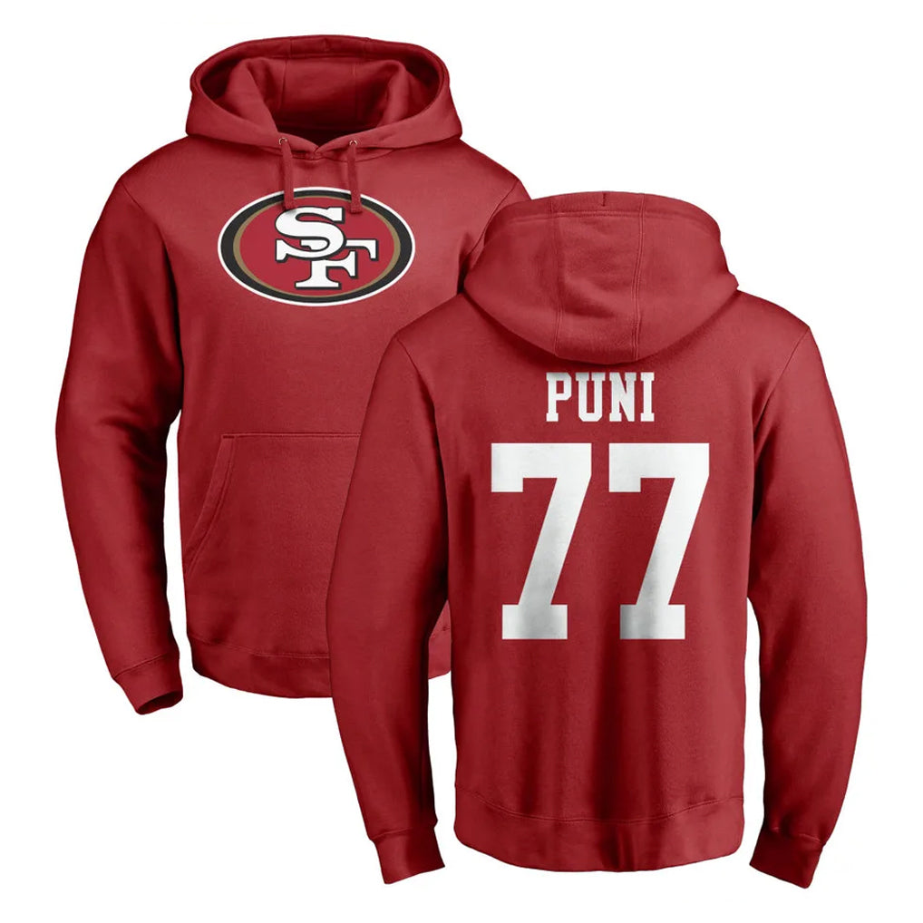 SF.49ers #77 Dominick Puni Player Red LOGO Pullover Hoodies Home Game STECN Stitched Jerseys