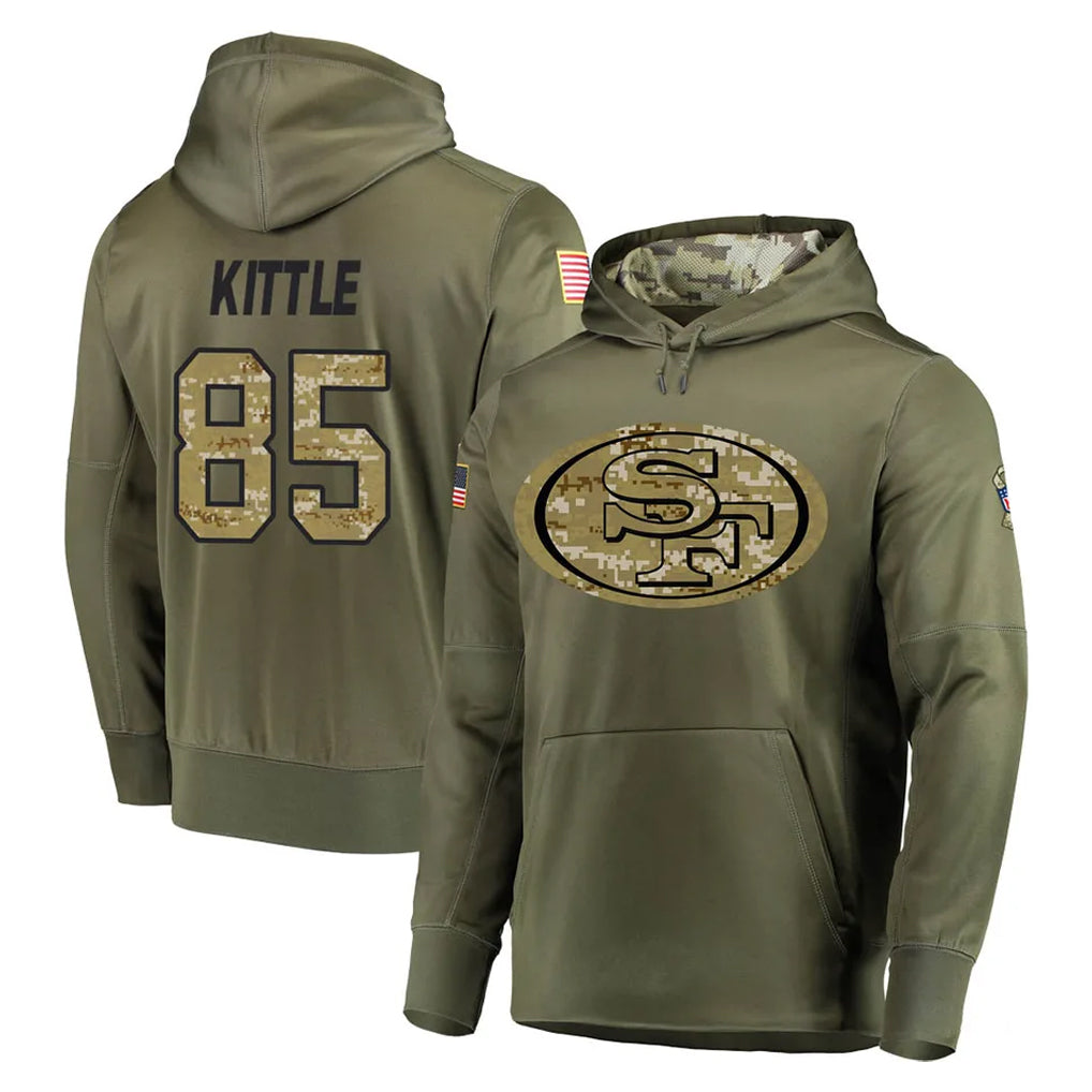 SF.49ers #85 George Kittle Player Olive Salute to Service Pullover Hoodie Home Game STECN Stitched Jerseys