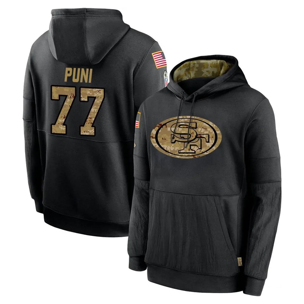 SF.49ers #77 Dominick Puni Player Black Salute to Service Sideline Performance Pullover Hoodies Home Game STECN Stitched Jerseys