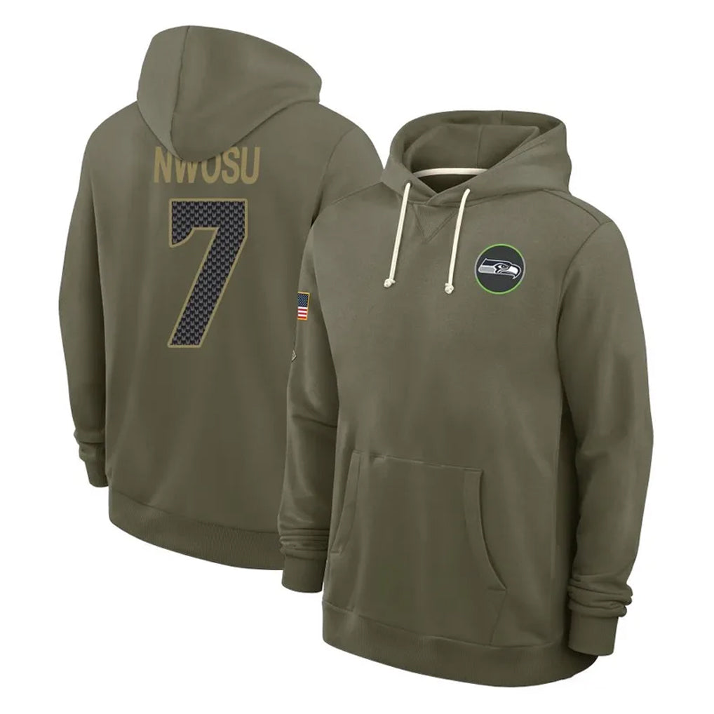 S.Seahawks #7 Uchenna Nwosu Player Olive Salute to Service Pullover Hoodies Limited STECN Stitched Jerseys