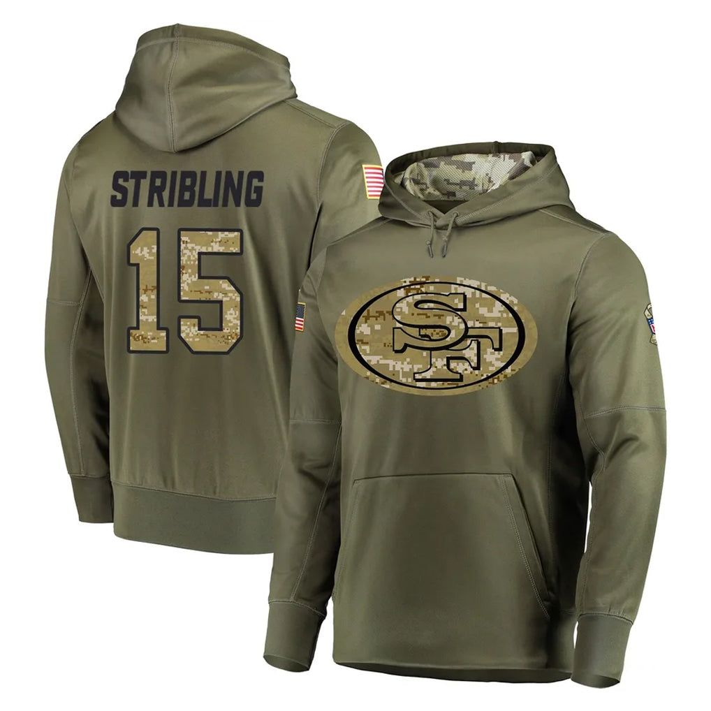 SF.49ers #15 De'Zhaun Stribling Player Olive Salute to Service Pullover Hoodie Home Game STECN Stitched Jerseys