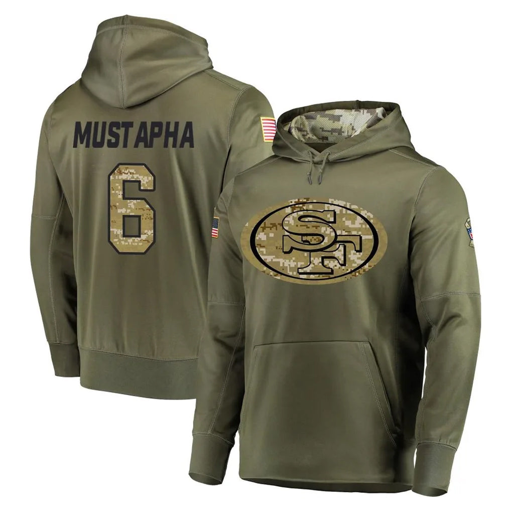 SF.49ers #6 Malik Mustapha Player Olive Salute to Service Pullover Hoodie Home Game STECN Stitched Jerseys