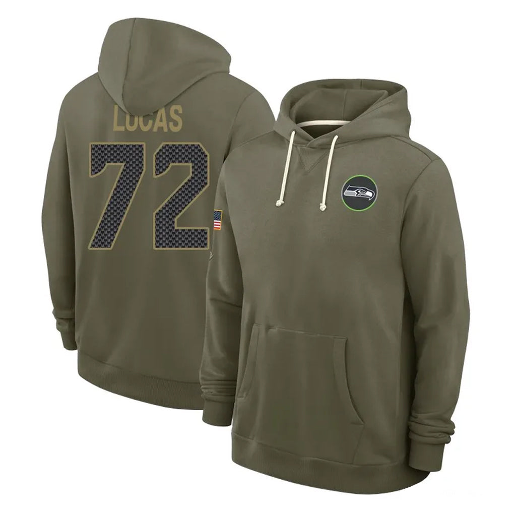 S.Seahawks #72 Abraham Lucas Player Olive Salute to Service Pullover Hoodies Limited STECN Stitched Jerseys