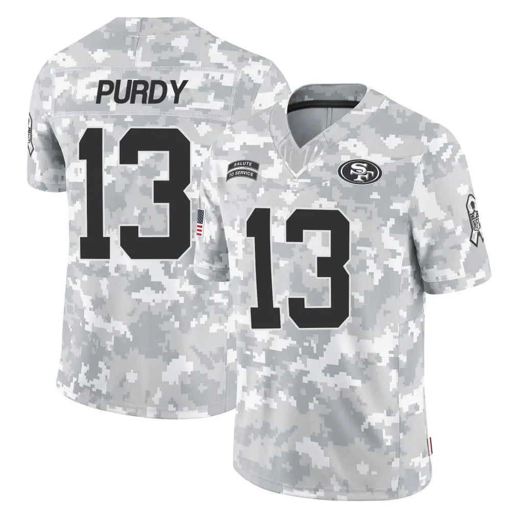 SF.49ers #13 Brock Purdy Player Arctic Camo Limited Salute To Service Home Game STECN Stitched Jerseys