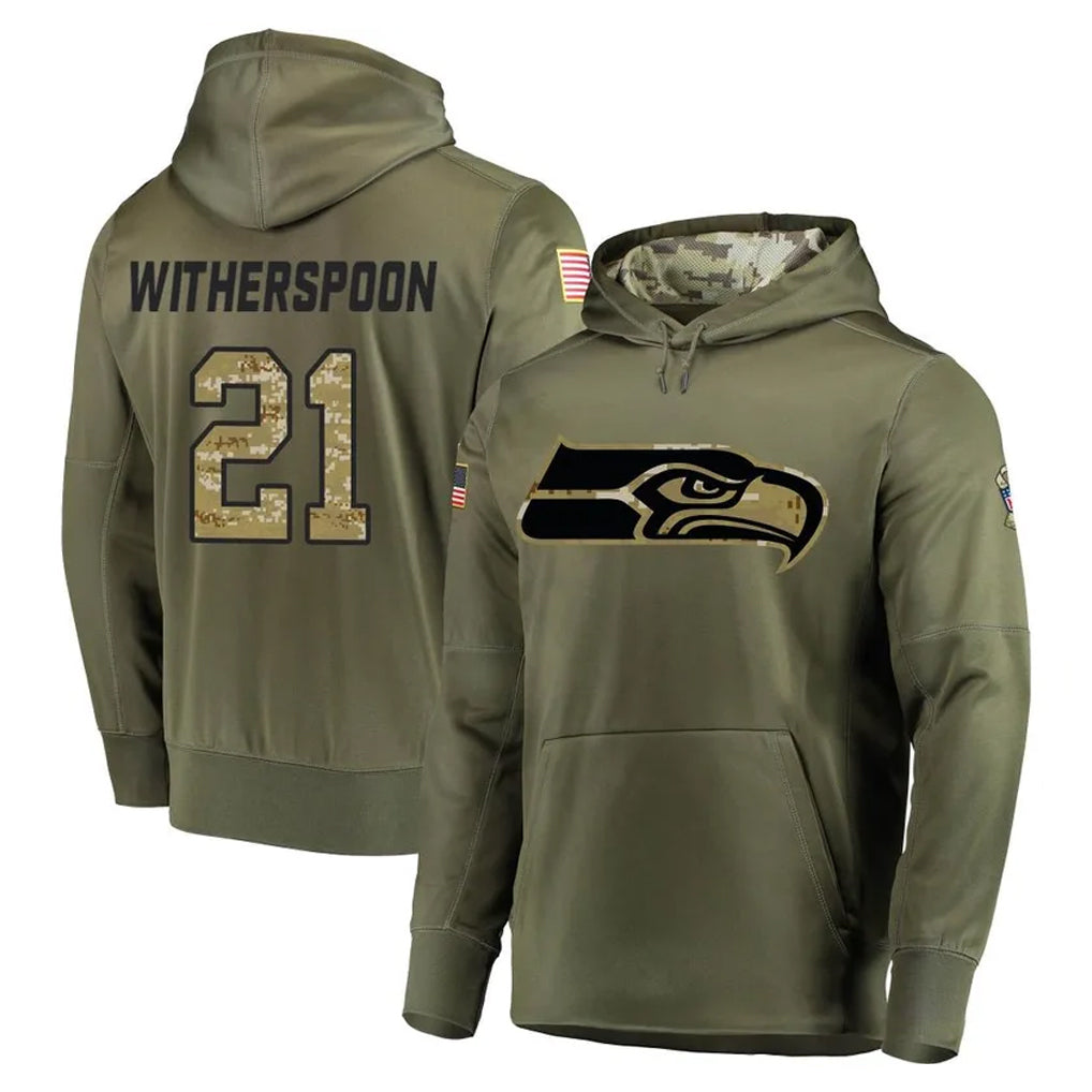 S.Seahawks #21 Devon Witherspoon Player Olive Salute to Service Pullover Hoodie Home Game STECN Stitched Jerseys