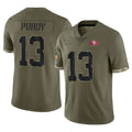 SF.49ers #13 Brock Purdy Player Olive Limited Salute To Service Home Game STECN Stitched Jerseys