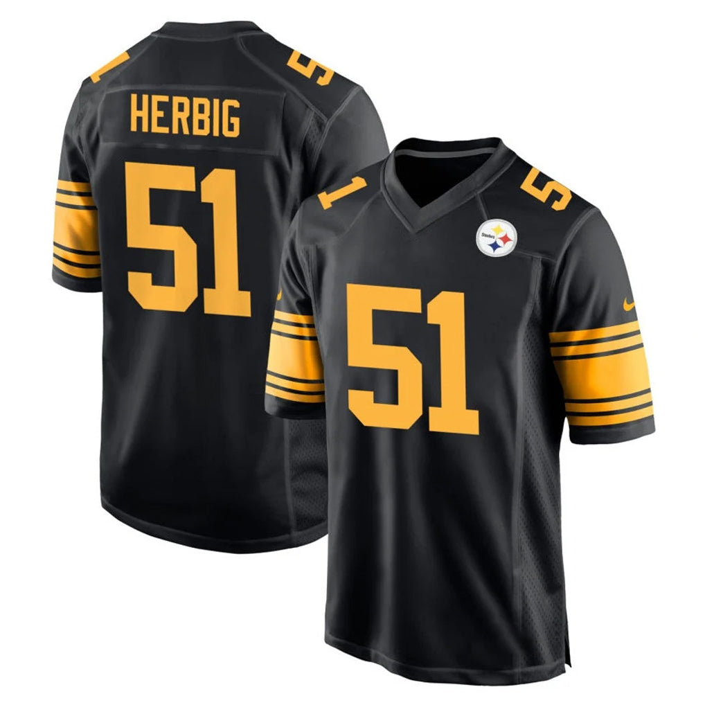 P.Steelers #51 Nick Herbig Player Black Color Rush Home Game STECN Stitched Jerseys