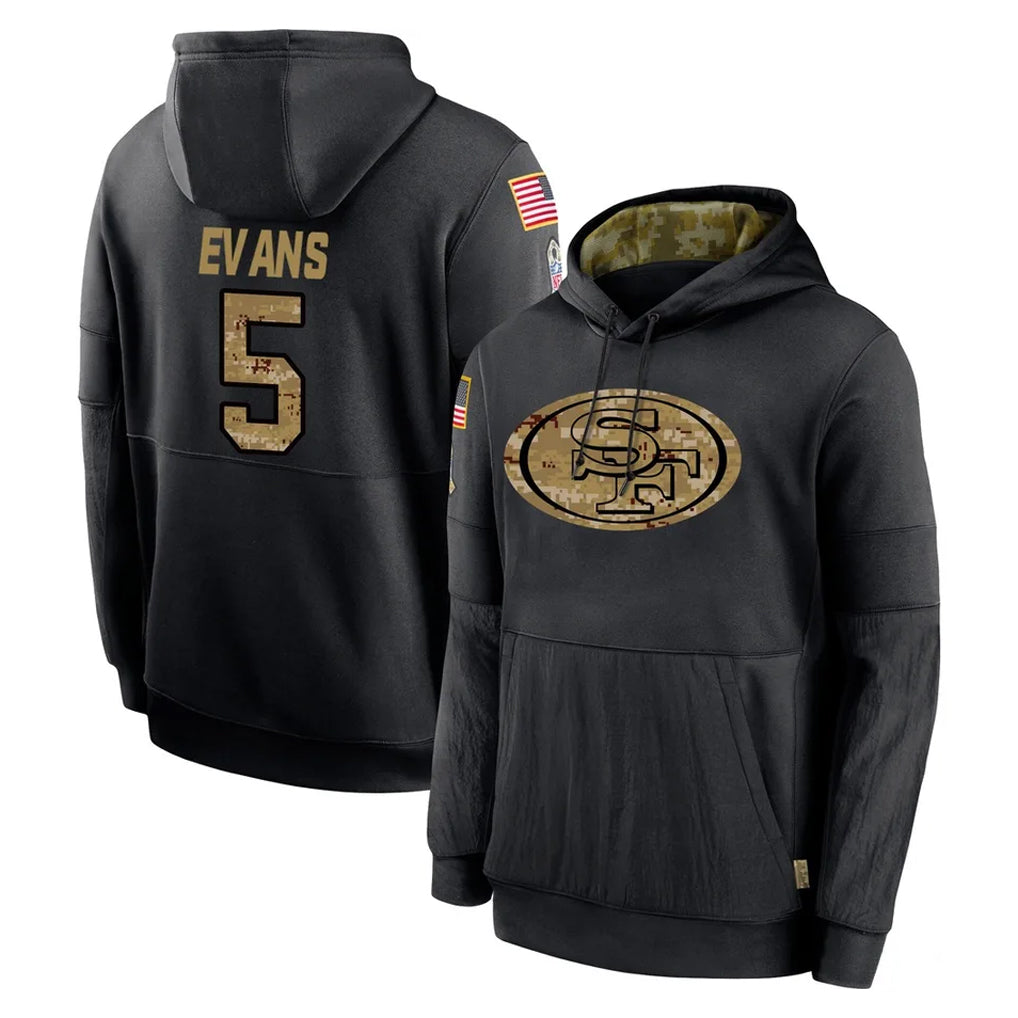 SF.49ers #5 Mike Evans Player Black Salute to Service Sideline Performance Pullover Hoodies Home Game STECN Stitched Jerseys