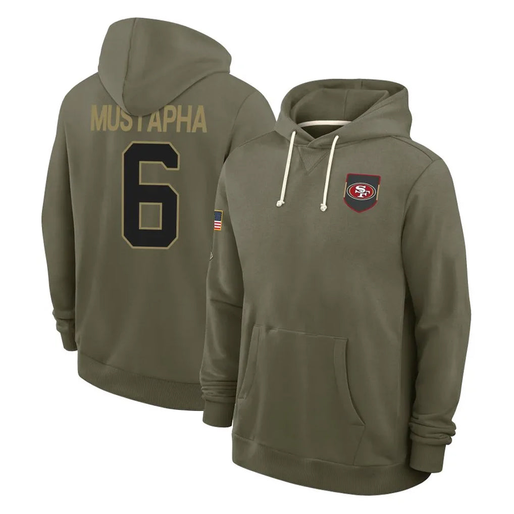 SF.49ers #6 Malik Mustapha Player Olive Salute to Service Pullover Hoodies Limited STECN Stitched Jerseys