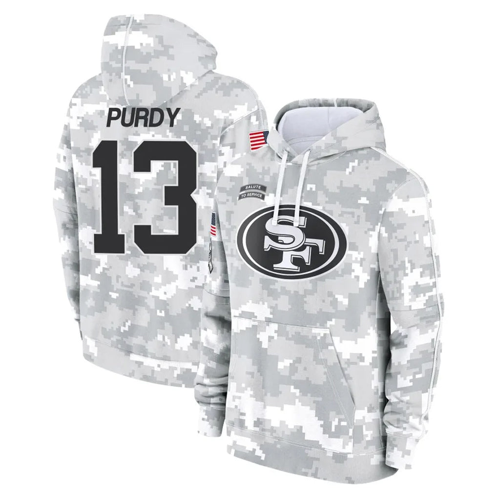 SF.49ers #13 Brock Purdy Player Arctic Camo Limited Salute to Service Pullover Hoodies Game STECN Stitched Jerseys