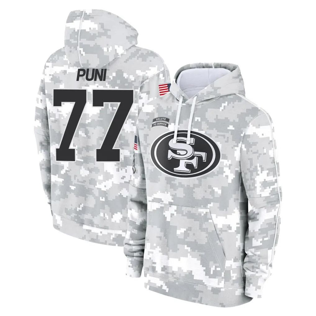 SF.49ers #77 Dominick Puni Player Arctic Camo Limited Salute to Service Pullover Hoodies Game STECN Stitched Jerseys