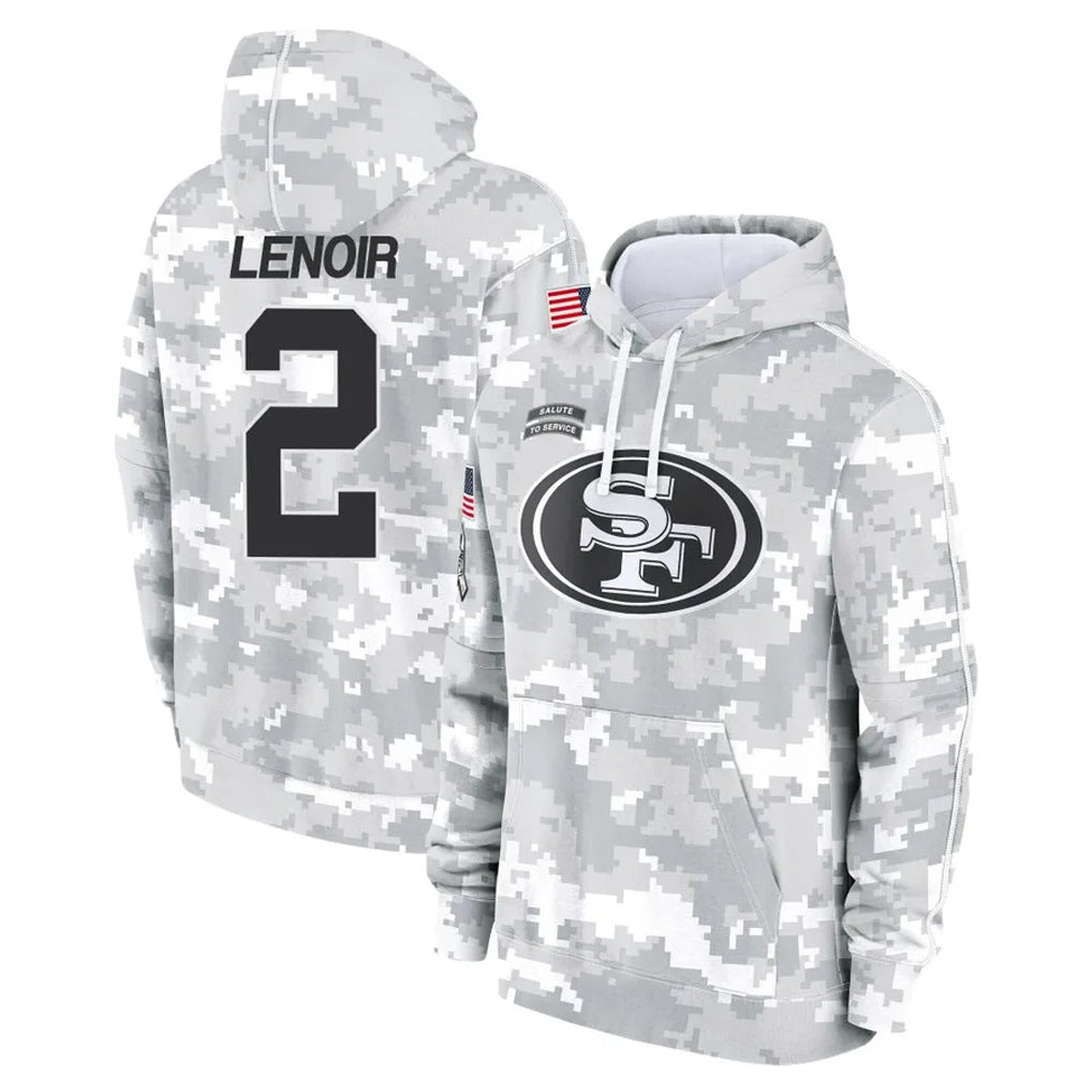 SF.49ers #2 Deommodore Lenoir Player Arctic Camo Limited Salute to Service Pullover Hoodies Game STECN Stitched Jerseys