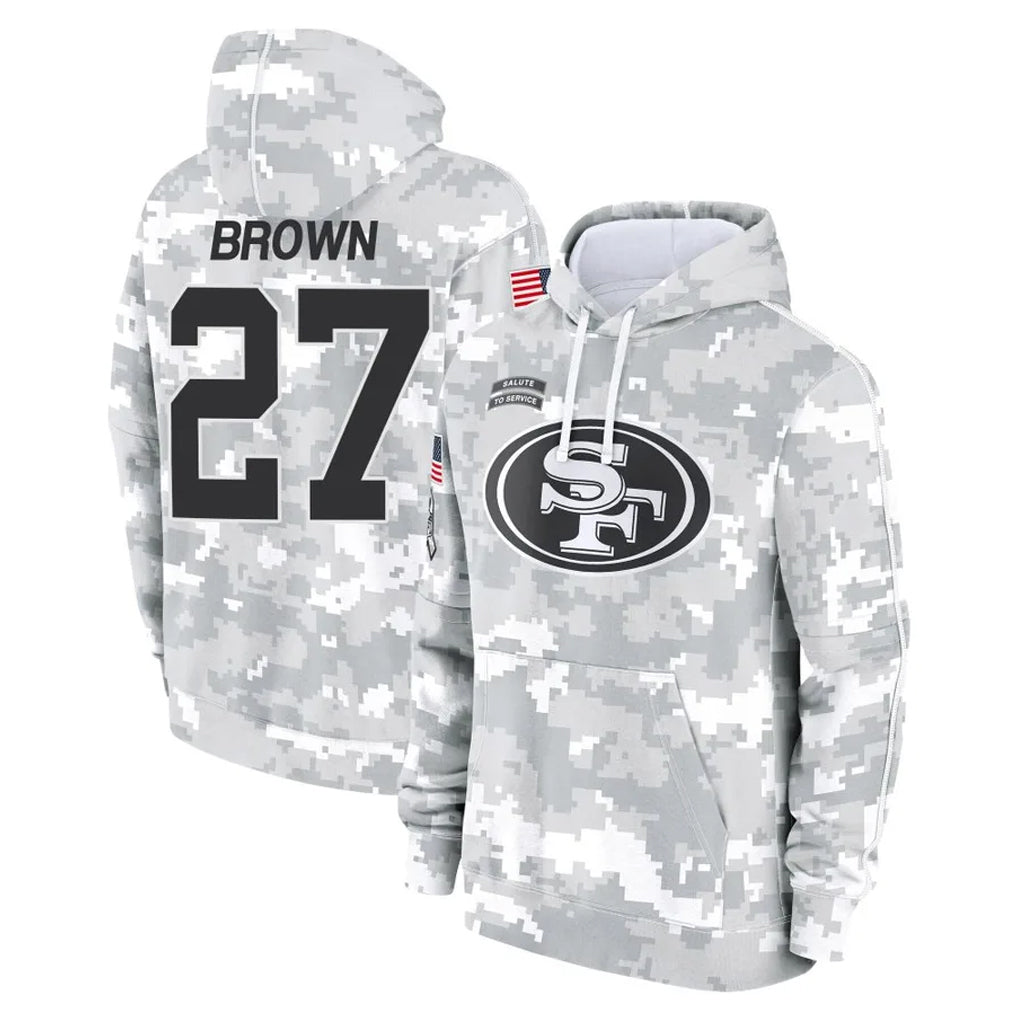 SF.49ers #27 Ji'Ayir Brown Player Arctic Camo Limited Salute to Service Pullover Hoodies Game STECN Stitched Jerseys