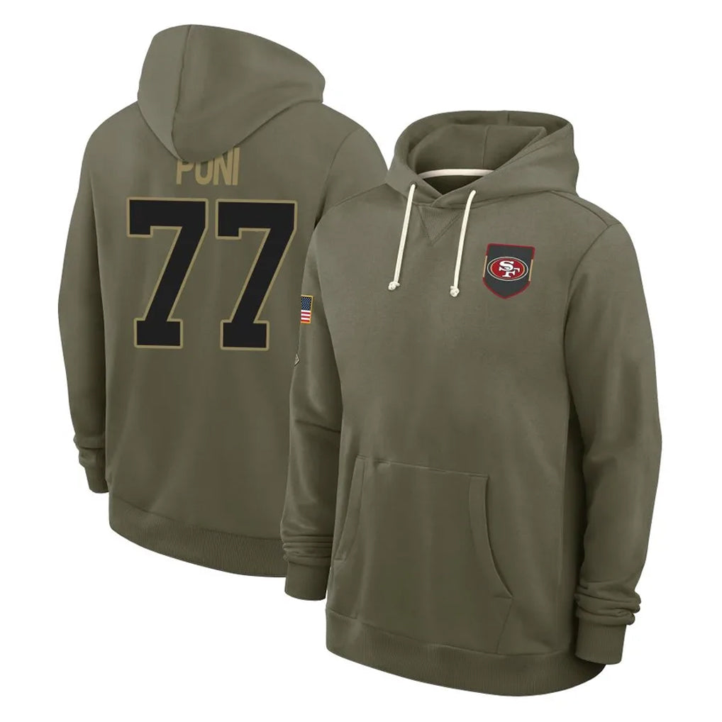 SF.49ers #77 Dominick Puni Player Olive Salute to Service Pullover Hoodies Limited STECN Stitched Jerseys