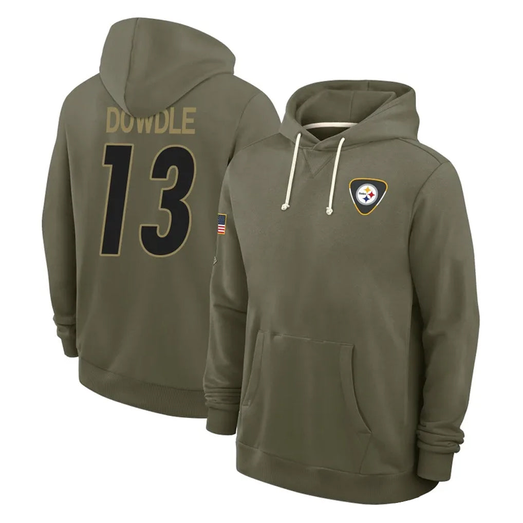 P.Steelers #13 Rico Dowdle Player Olive Salute to Service Pullover Hoodies Limited STECN Stitched Jerseys