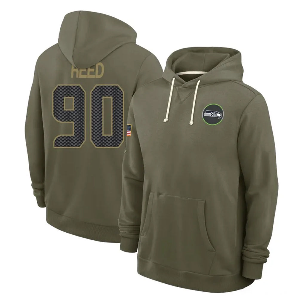 S.Seahawks #90 Jarran Reed Player Olive Salute to Service Pullover Hoodies Limited STECN Stitched Jerseys