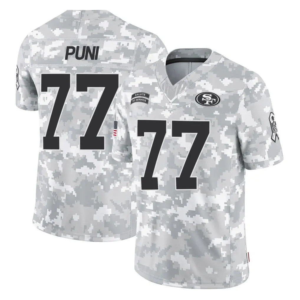 SF.49ers #77 Dominick Puni Player Arctic Camo Limited Salute To Service Home Game STECN Stitched Jerseys