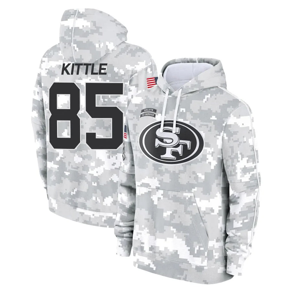 SF.49ers #85 George Kittle Player Arctic Camo Limited Salute to Service Pullover Hoodies Game STECN Stitched Jerseys