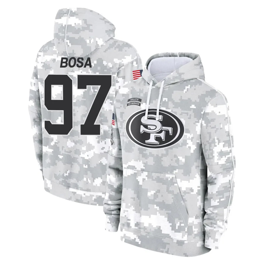 SF.49ers #97 Nick Bosa Player Arctic Camo Limited Salute to Service Pullover Hoodies Game STECN Stitched Jerseys