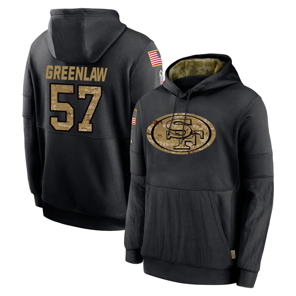 SF.49ers #57 Dre Greenlaw Player Black Salute to Service Sideline Performance Pullover Hoodies Home Game STECN Stitched Jerseys