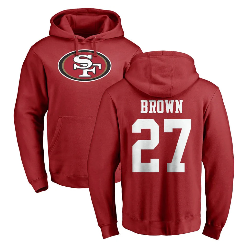 SF.49ers #27 Ji'Ayir Brown Player Red LOGO Pullover Hoodies Home Game STECN Stitched Jerseys