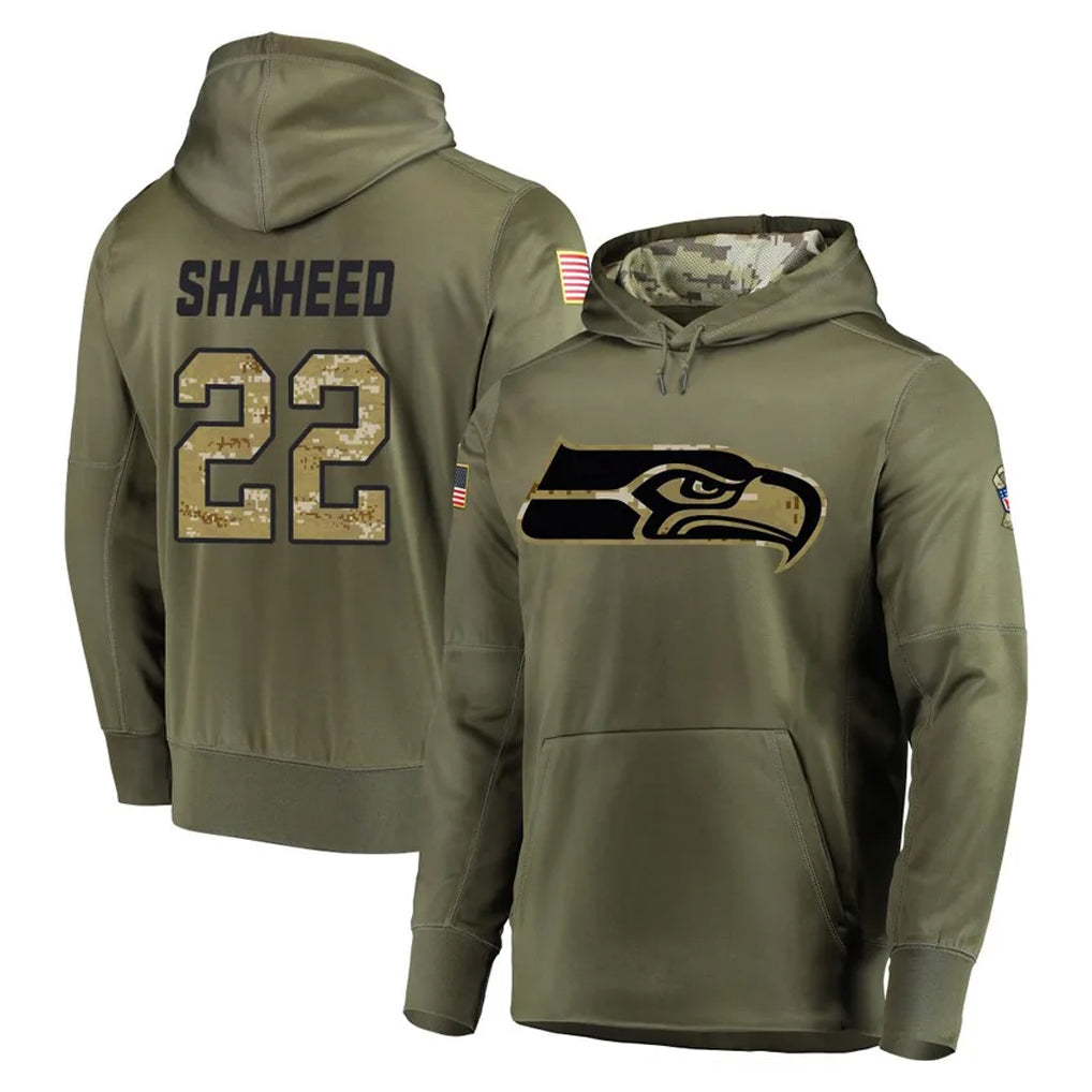 S.Seahawks #22 Rashid Shaheed Player Olive Salute to Service Pullover Hoodie Home Game STECN Stitched Jerseys