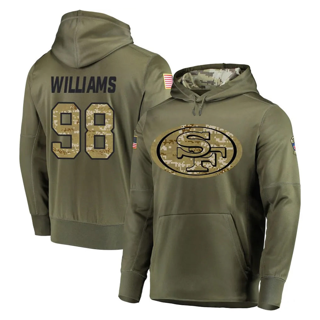 SF.49ers #98 Mykel Williams Player Olive Salute to Service Pullover Hoodie Home Game STECN Stitched Jerseys