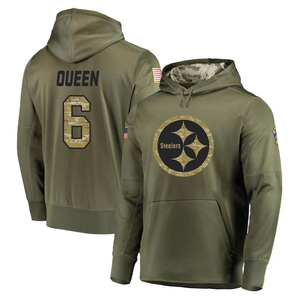 P.Steelers #6 Patrick Queen Player Olive Salute to Service Pullover Hoodie Home Game STECN Stitched Jerseys