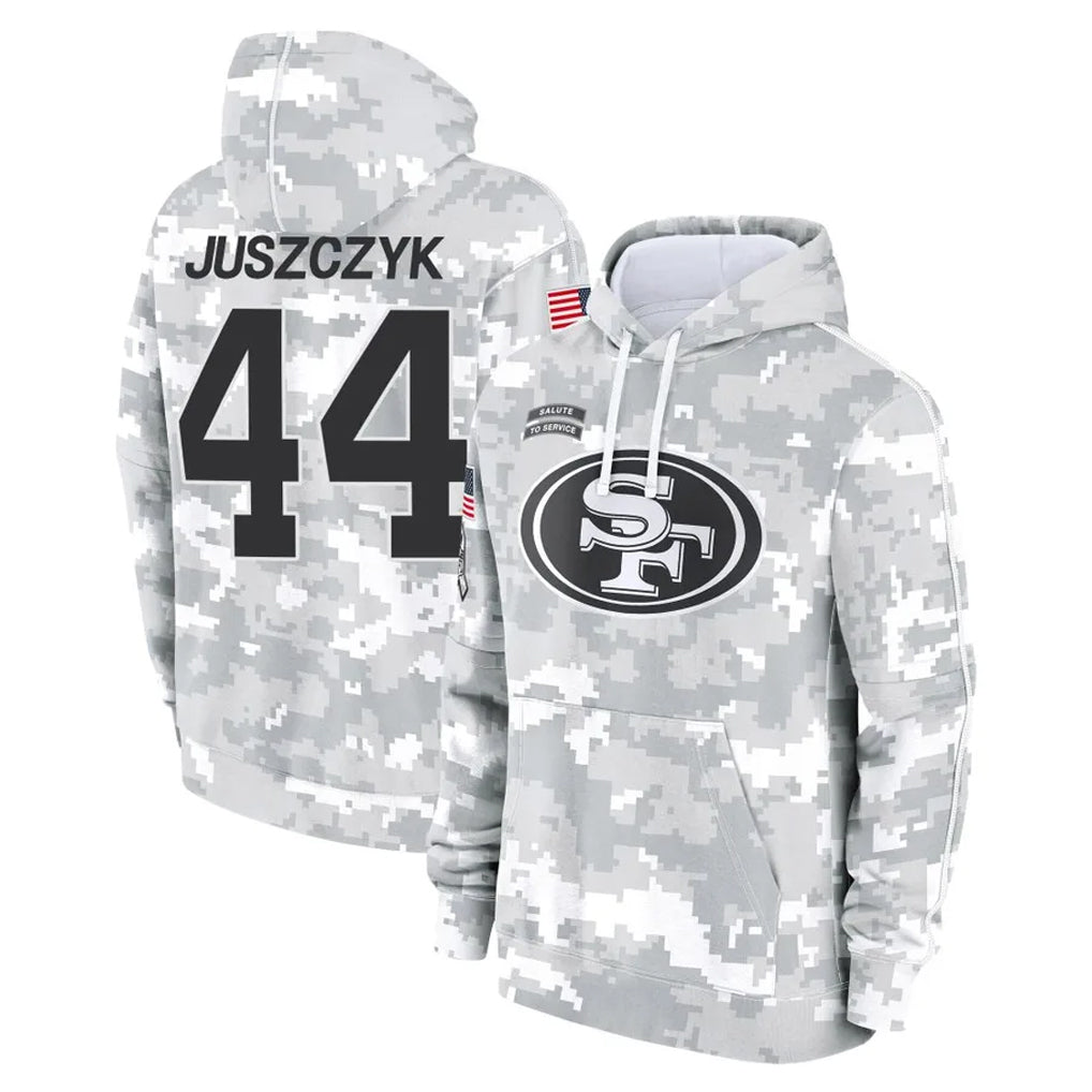 SF.49ers #44 Kyle Juszczyk Player Arctic Camo Limited Salute to Service Pullover Hoodies Game STECN Stitched Jerseys