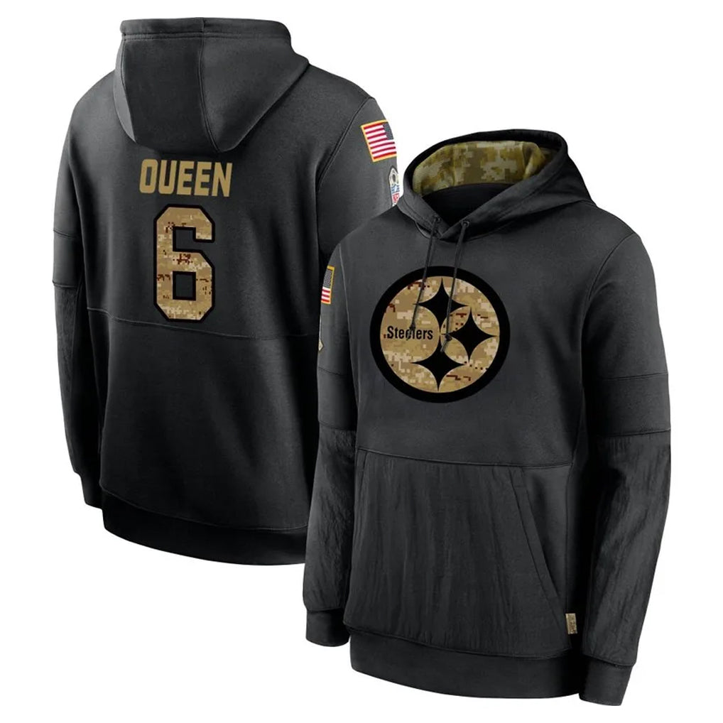 P.Steelers #6 Patrick Queen Player Black Salute to Service Hoodies Limited Game STECN Stitched Jerseys