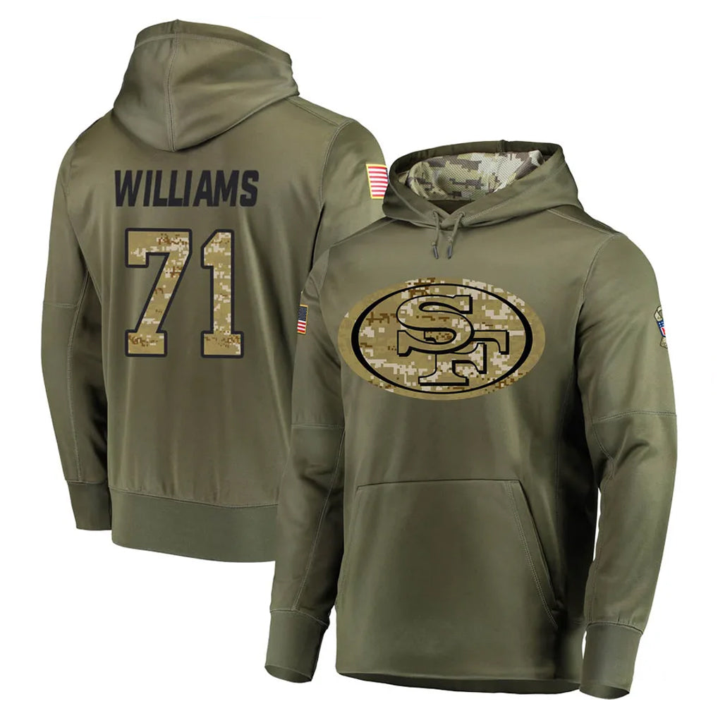 SF.49ers #71 Trent Williams Player Olive Salute to Service Pullover Hoodie Home Game STECN Stitched Jerseys
